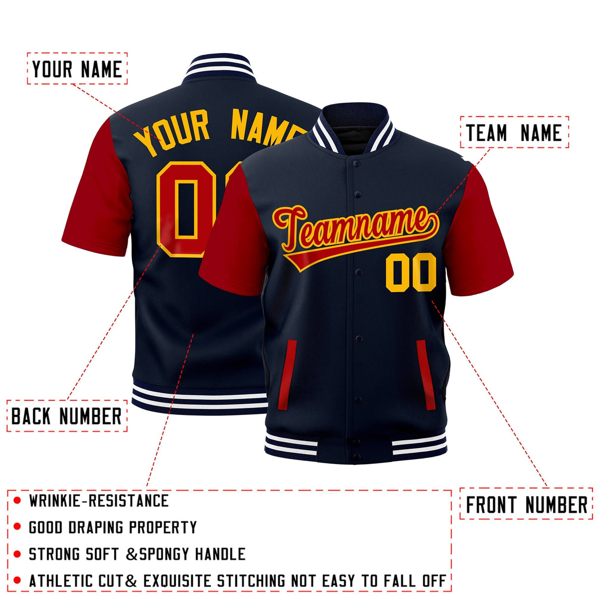 Custom Red Navy White Full-Snap Classic Style Jacket| KXKSHOP