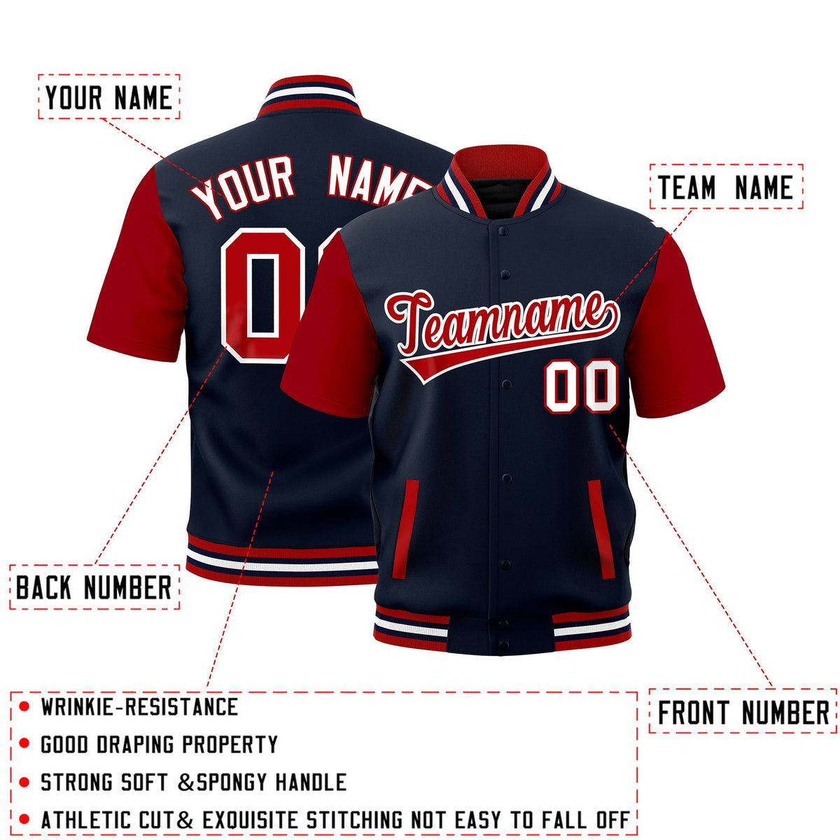 Custom Red Navy White Full-Snap Classic Style Jacket| KXKSHOP