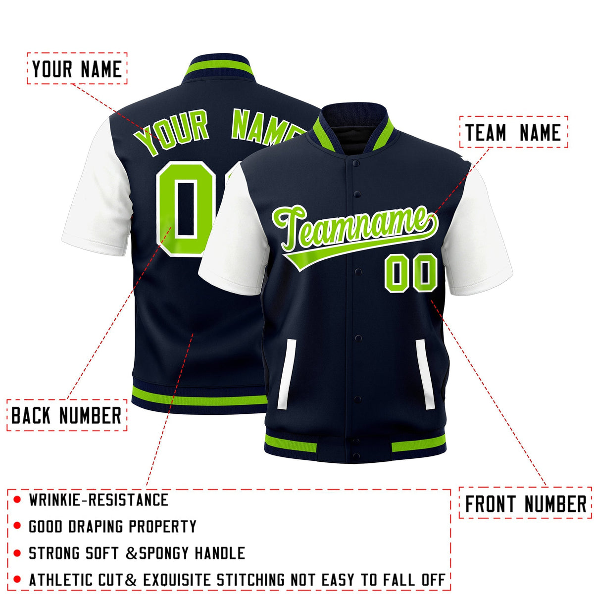 Custom White Navy Neon Green Full-Snap Classic Style Jacket| KXKSHOP