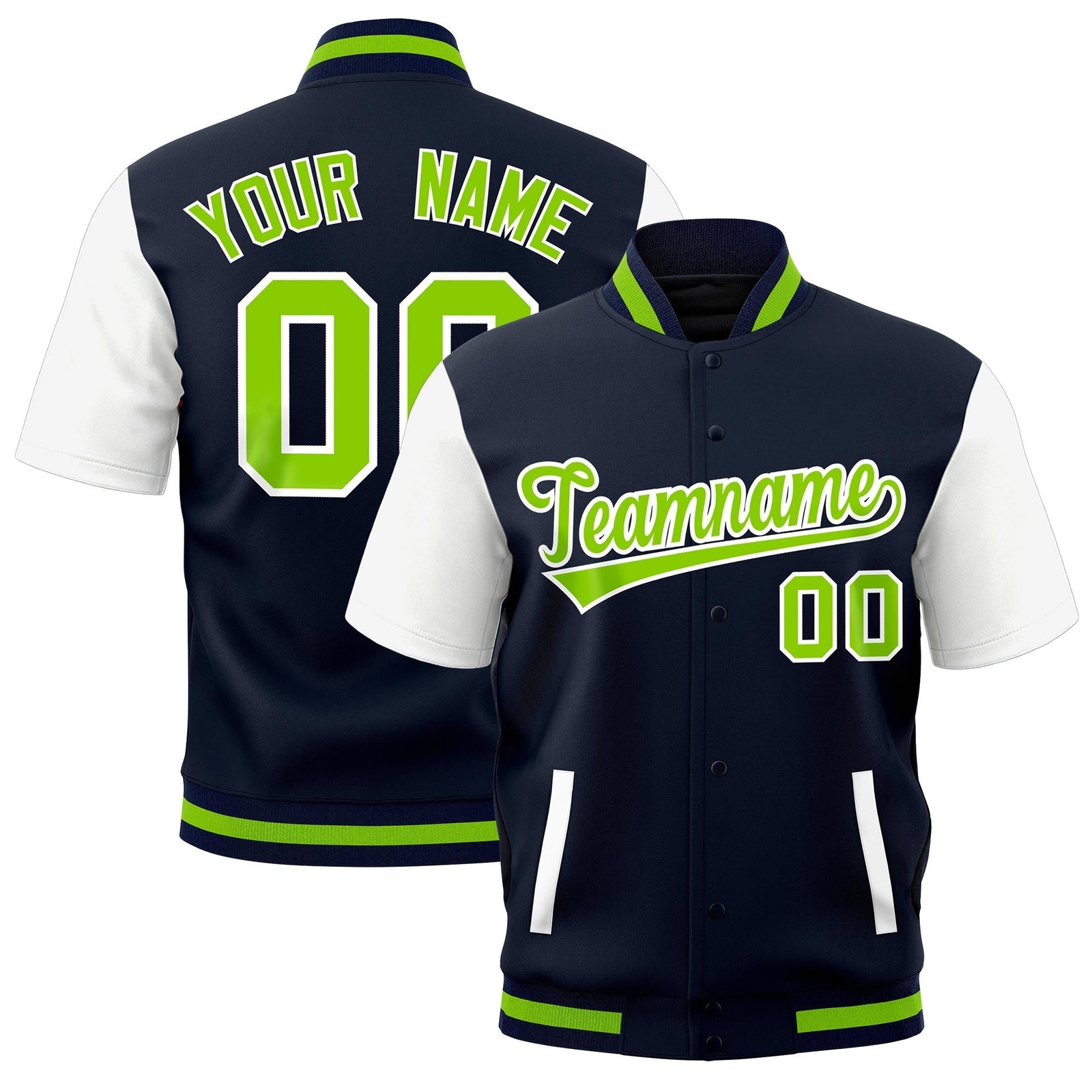 Custom White Navy Neon Green Full-Snap Classic Style Jacket| KXKSHOP