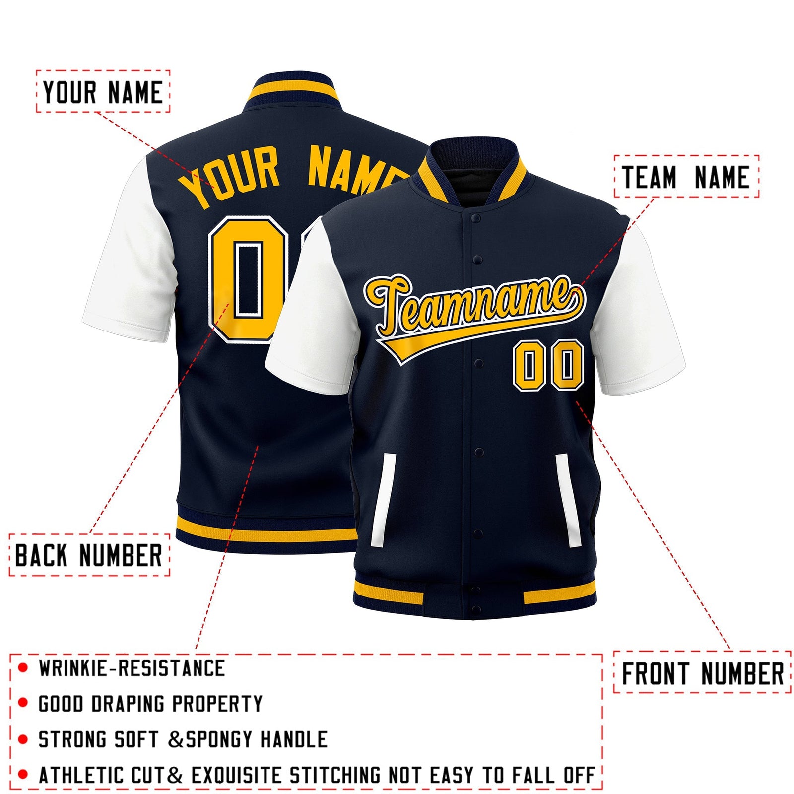 Custom White Navy Gold Full-Snap Classic Style Jacket| KXKSHOP