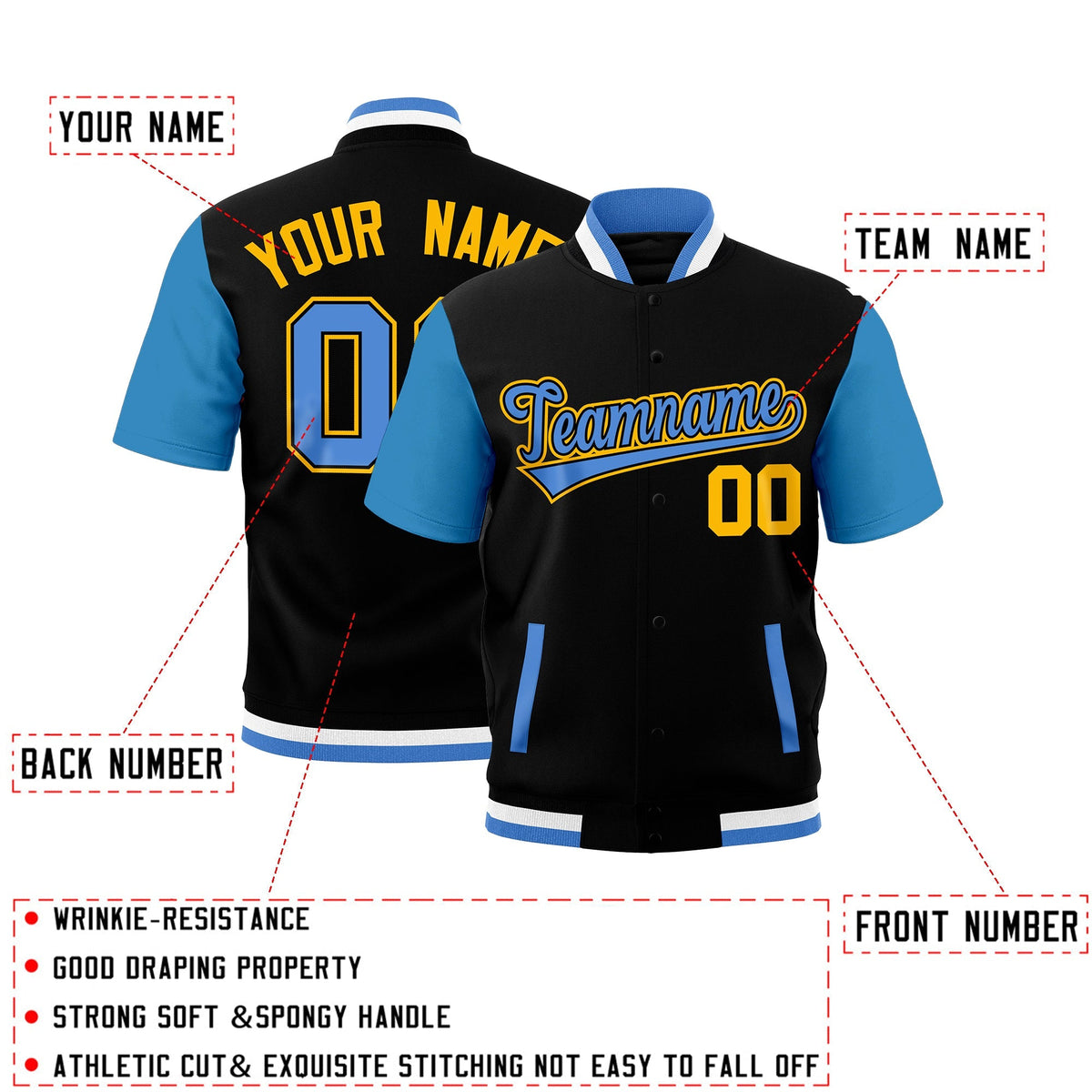 Custom Powder Blue Black White Full-Snap Classic Style Jacket| KXKSHOP