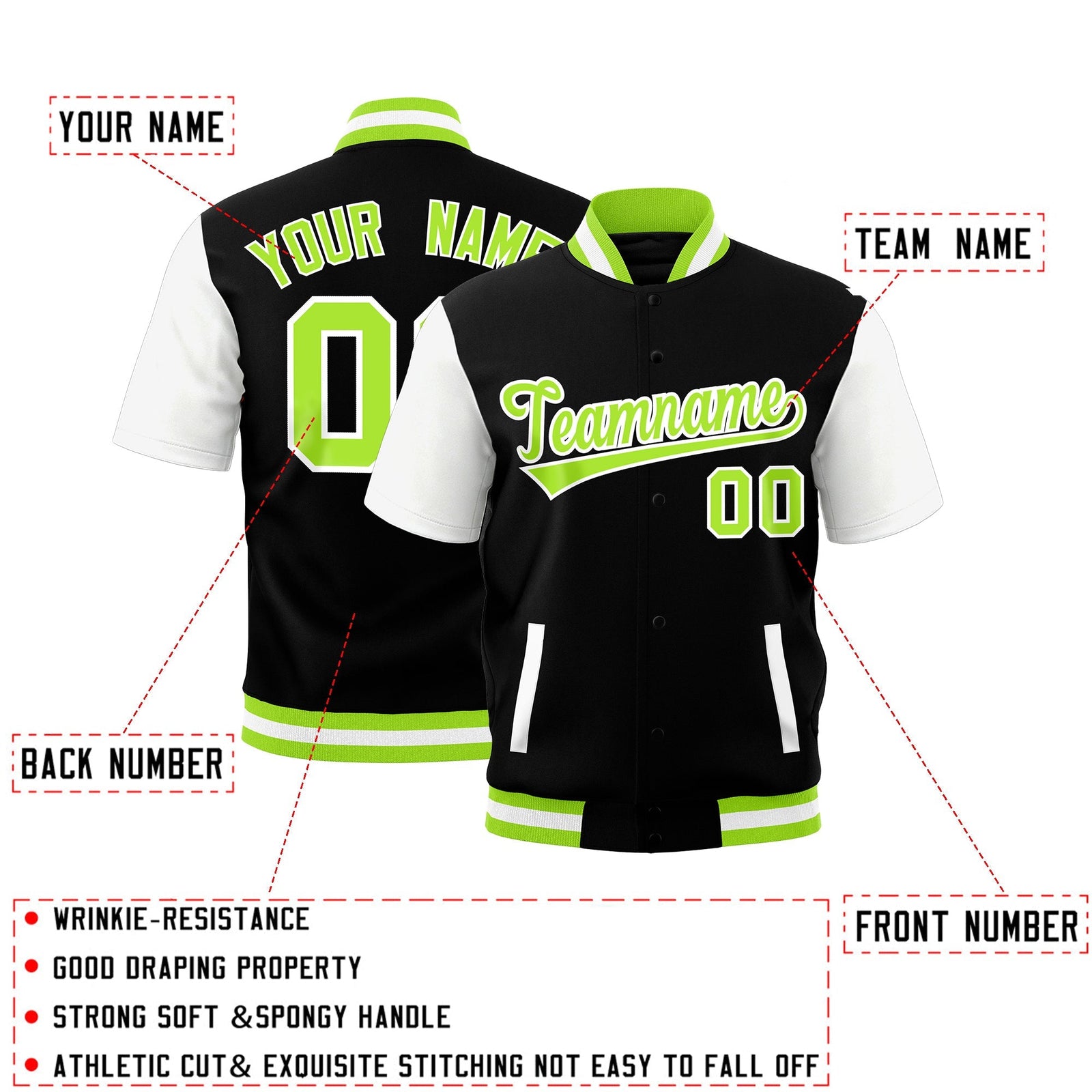 Custom White Neon Green Full-Snap Classic Style Jacket| KXKSHOP