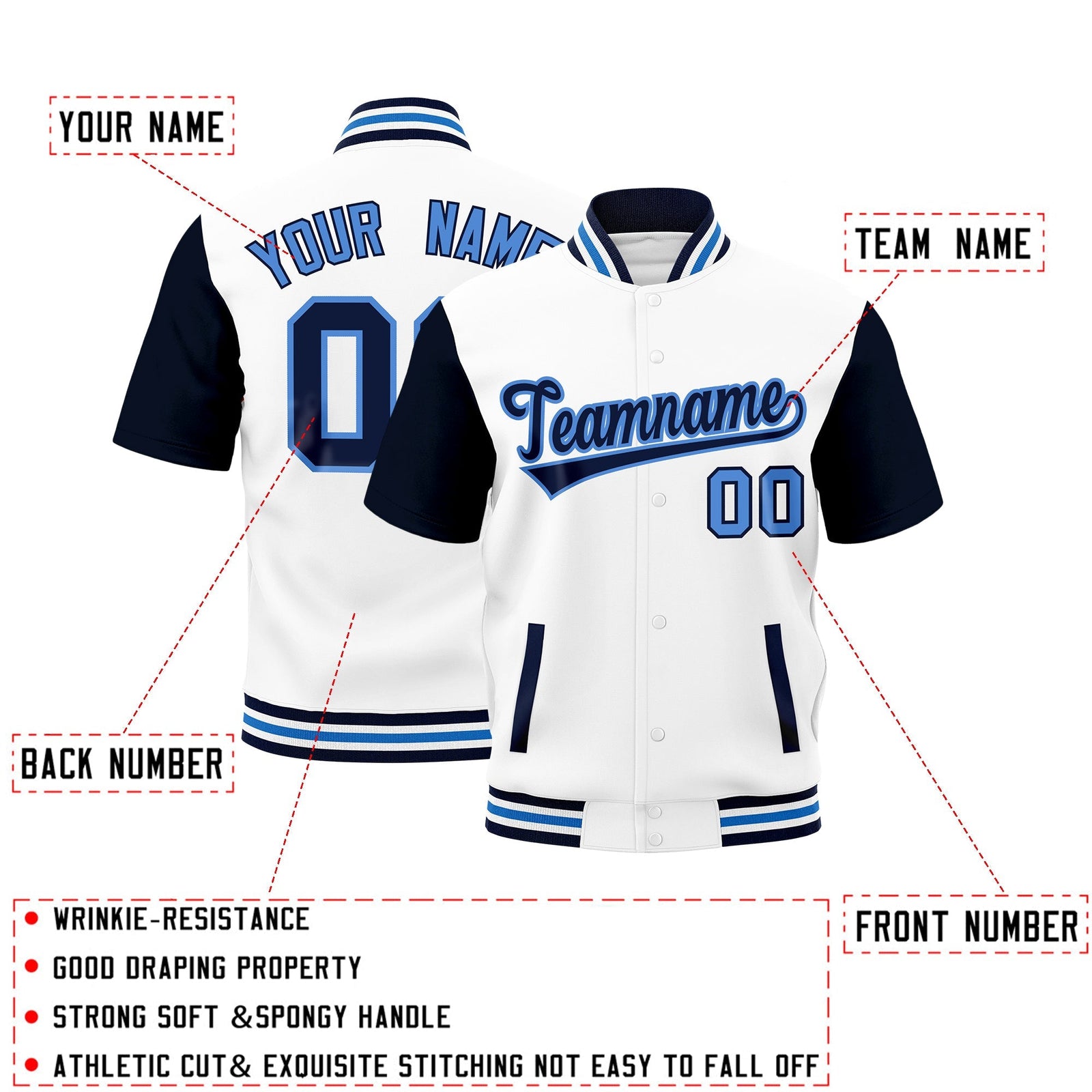 Custom Navy White Powder Blue Full-Snap Classic Style Jacket| KXKSHOP