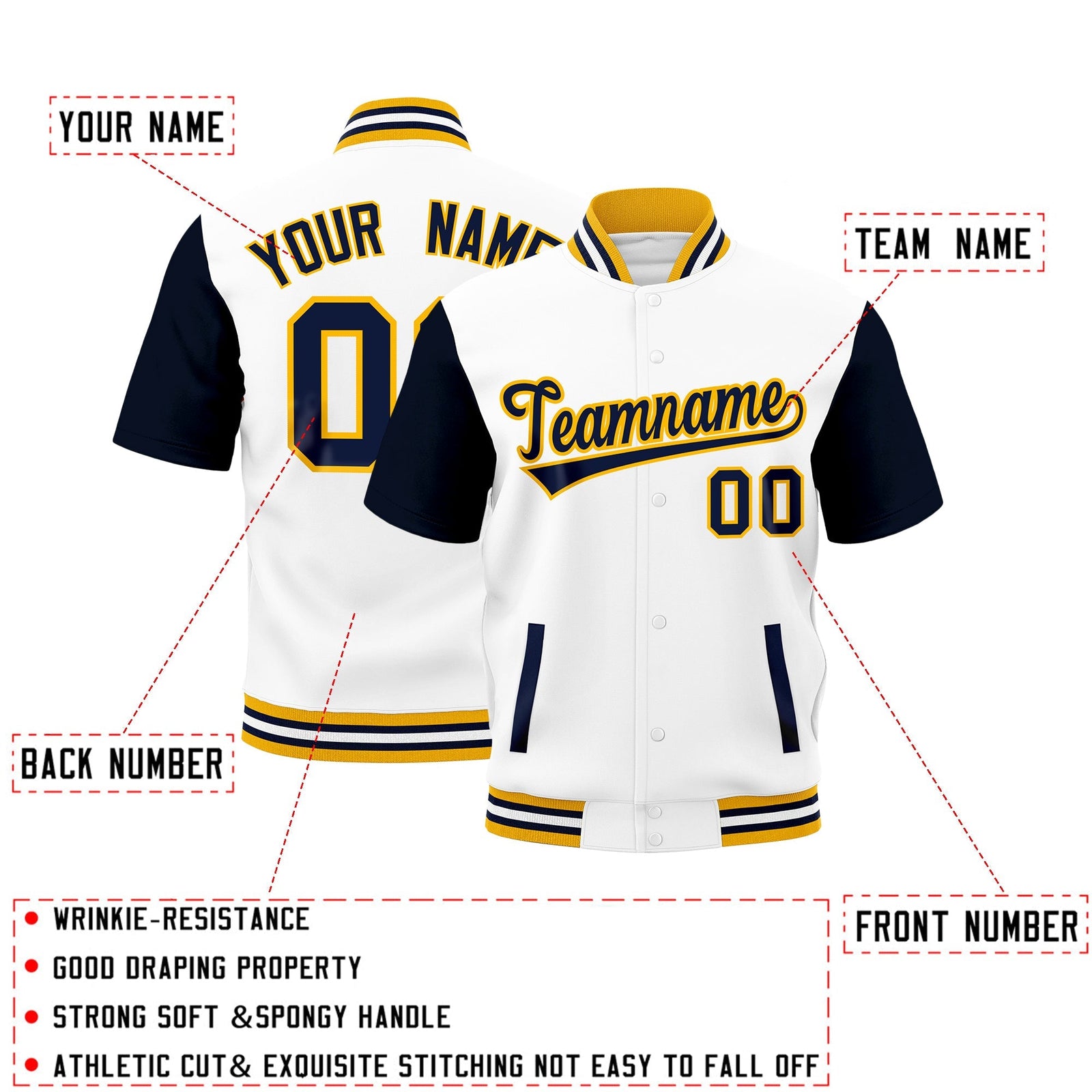 Custom Gold Navy White Full-Snap Classic Style Jacket| KXKSHOP