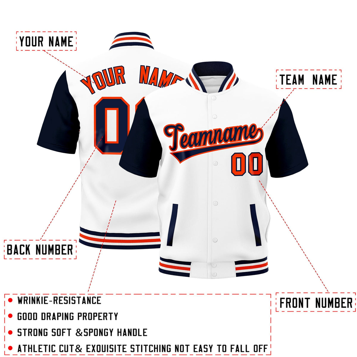 Custom Navy White Orange Full-Snap Classic Style Jacket| KXKSHOP