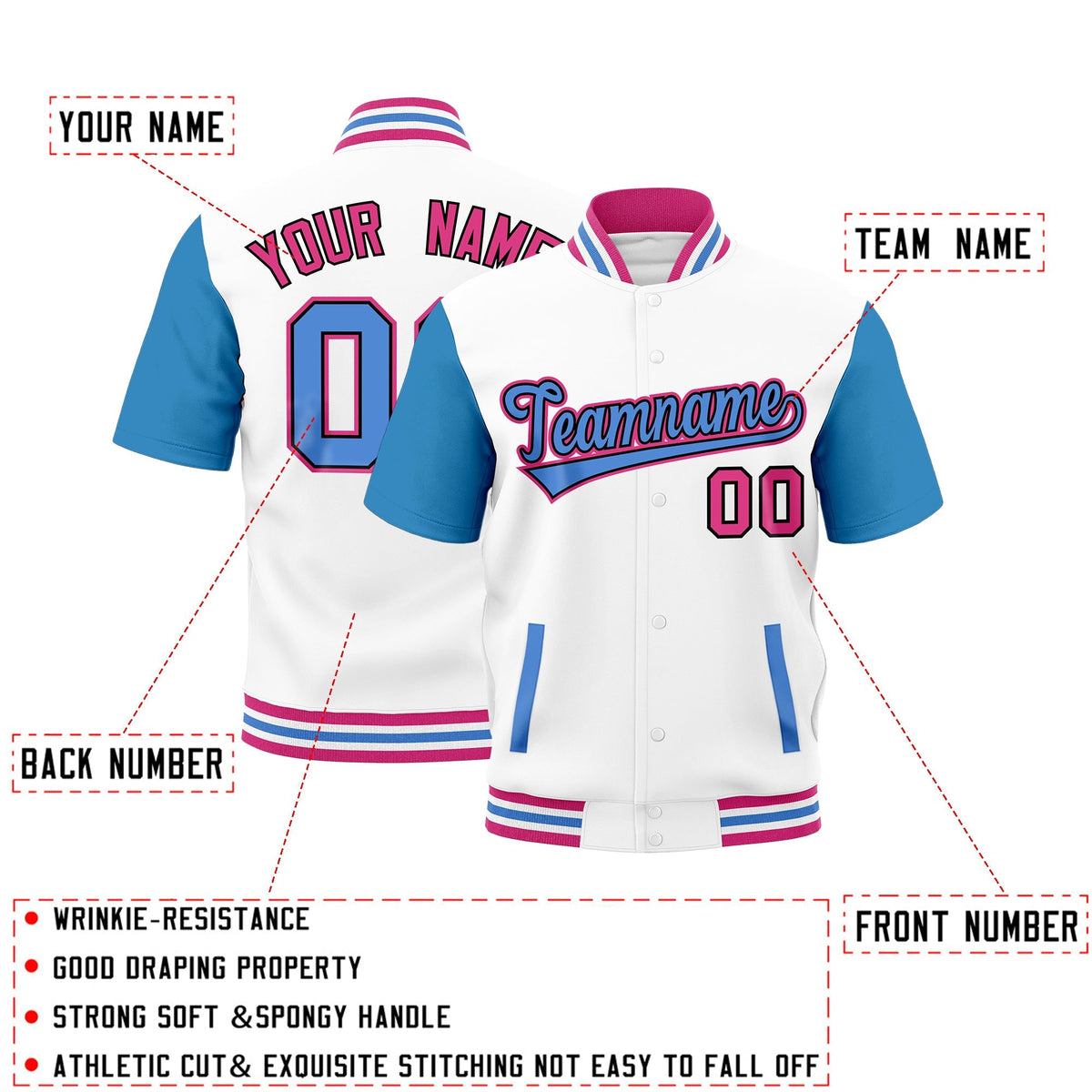 Custom Powder Blue Pink White Full-Snap Classic Style Jacket| KXKSHOP