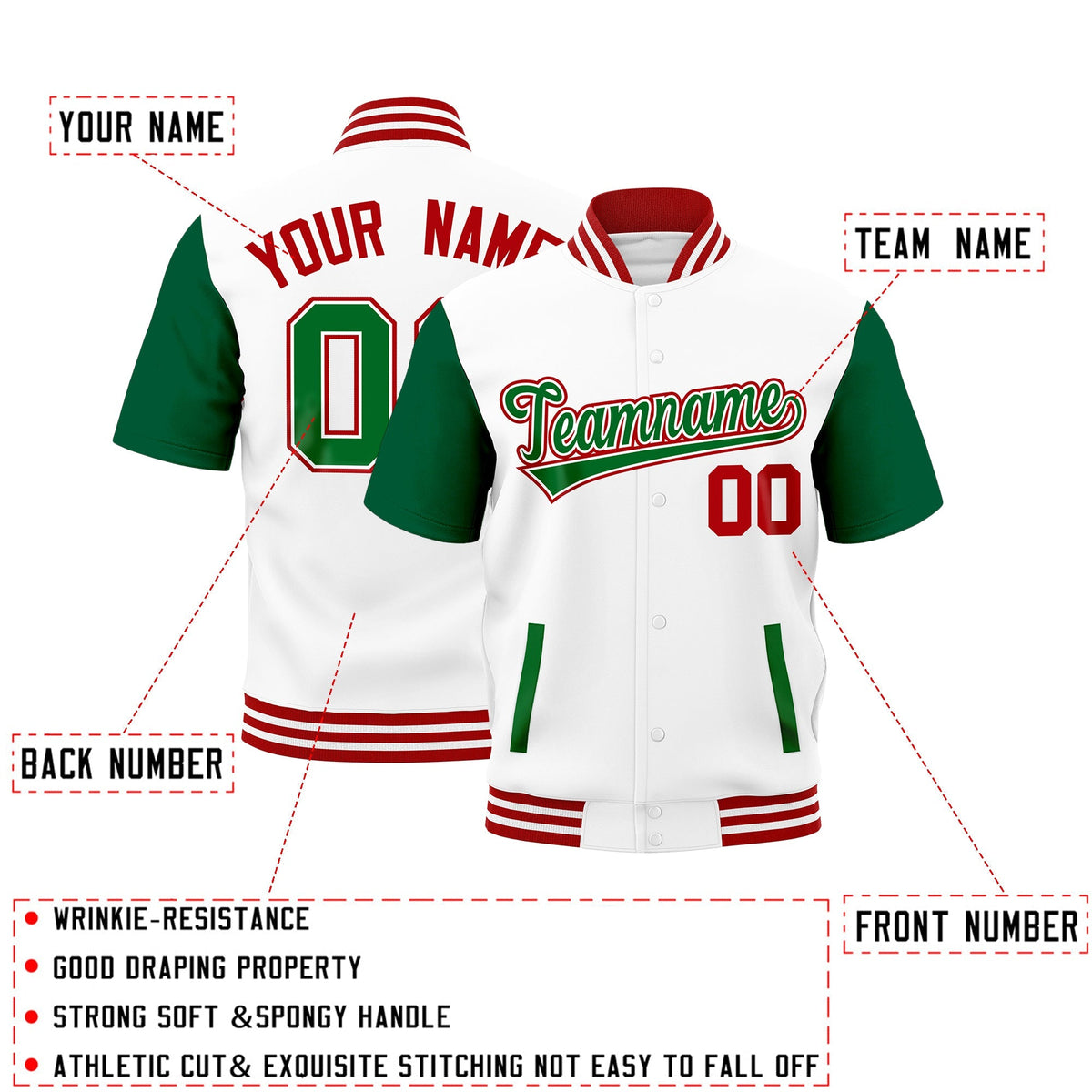 Custom Kelly Green Red White Full-Snap Classic Style Jacket| KXKSHOP