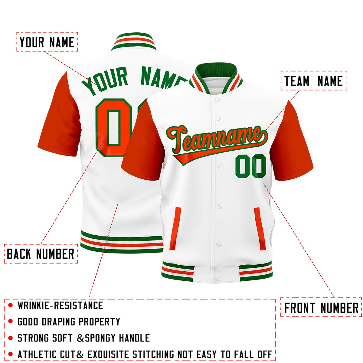 Custom Orange Kelly Green White Full-Snap Classic Style Jacket| KXKSHOP
