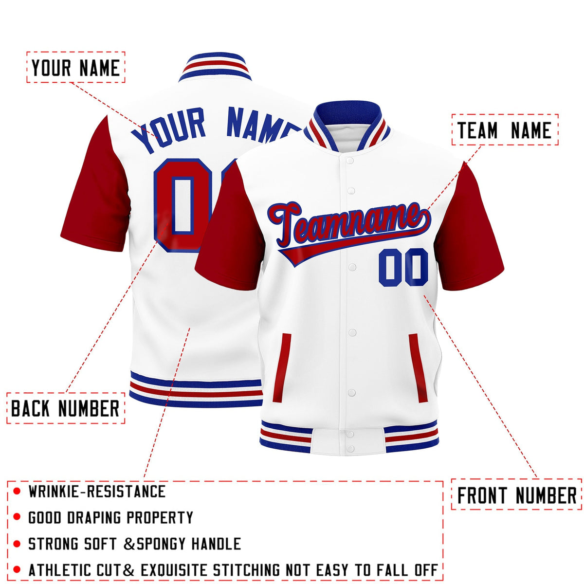 Custom Red Royal Blue White Full-Snap Classic Style Jacket| KXKSHOP