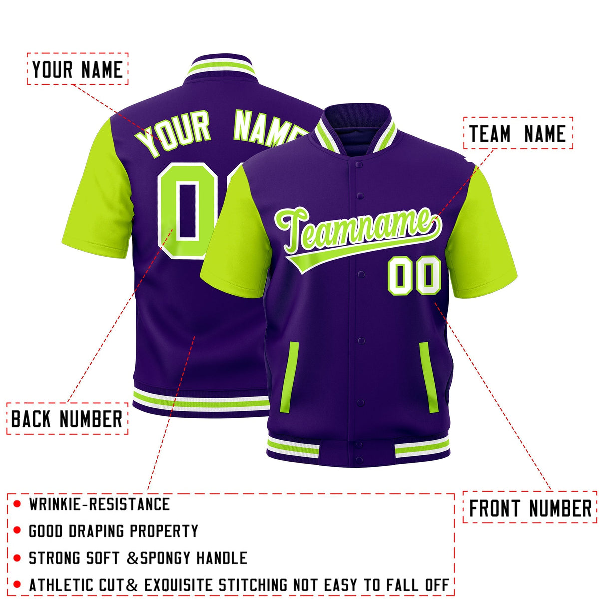Custom Neon Green Purple White Full-Snap Classic Style Jacket| KXKSHOP