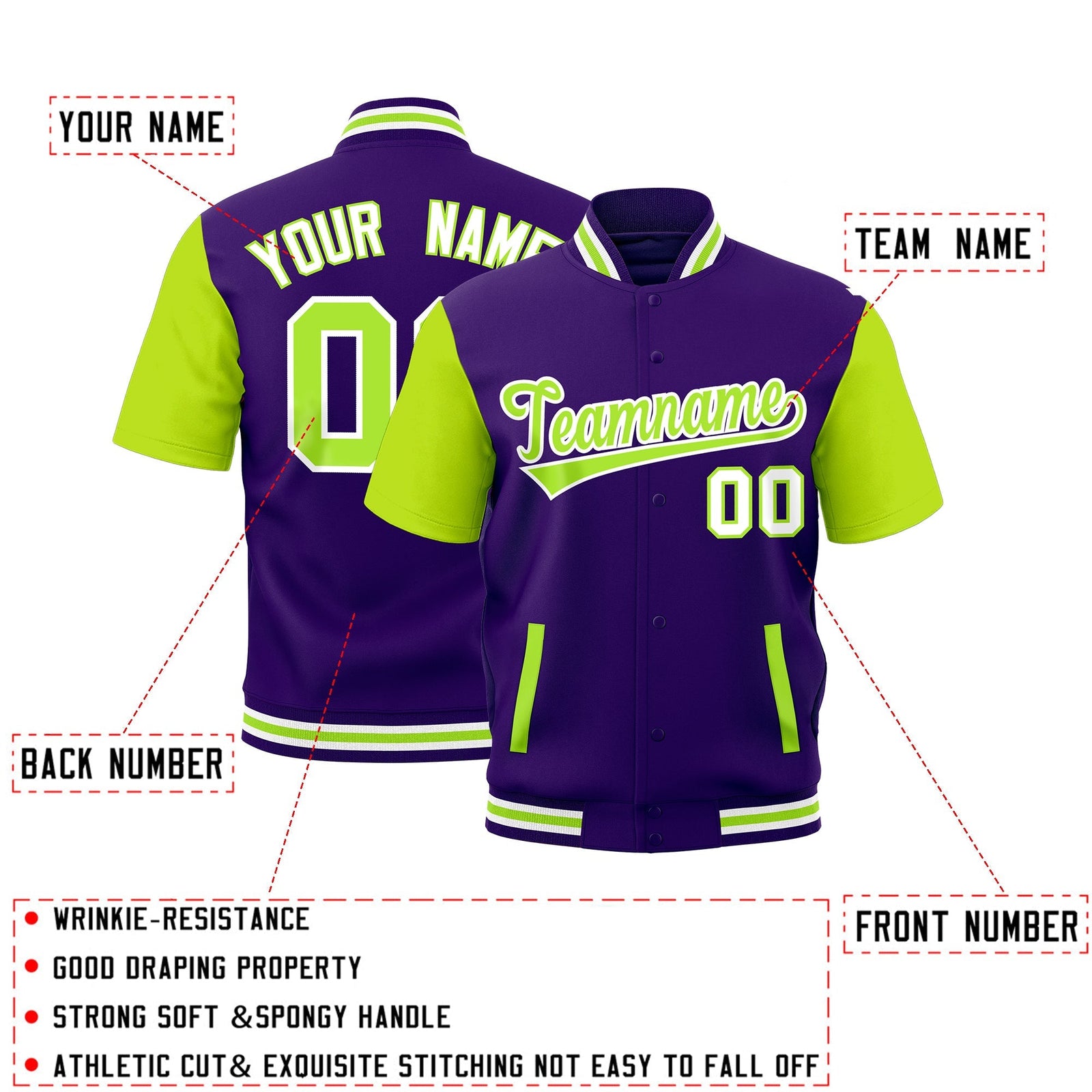 Custom Neon Green Purple White Full-Snap Classic Style Jacket| KXKSHOP