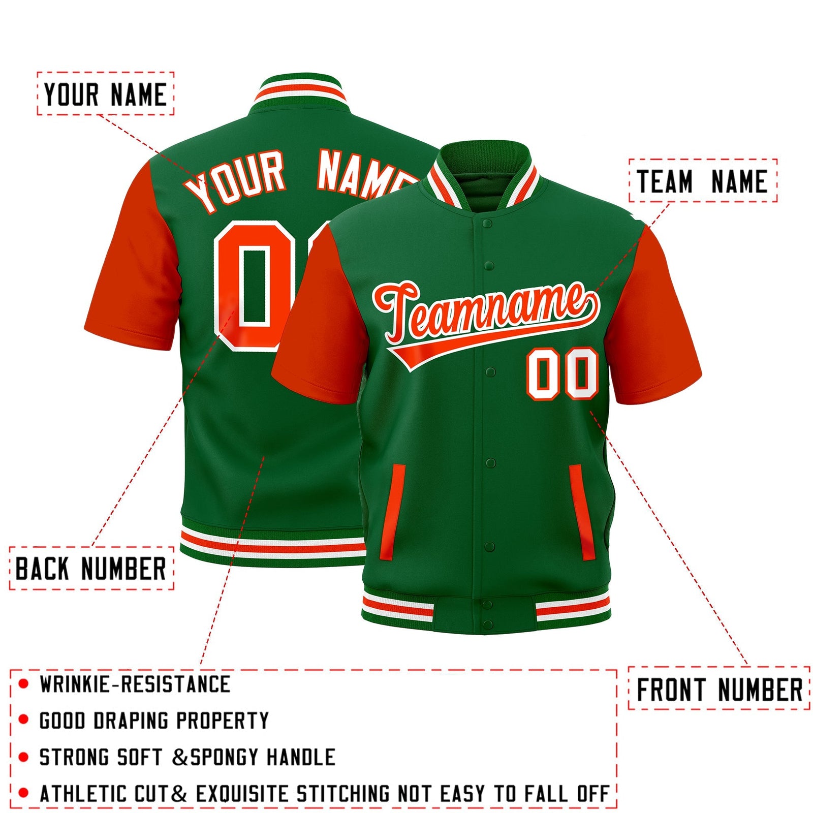 Custom Orange Kelly Green White Full-Snap Classic Style Jacket| KXKSHOP