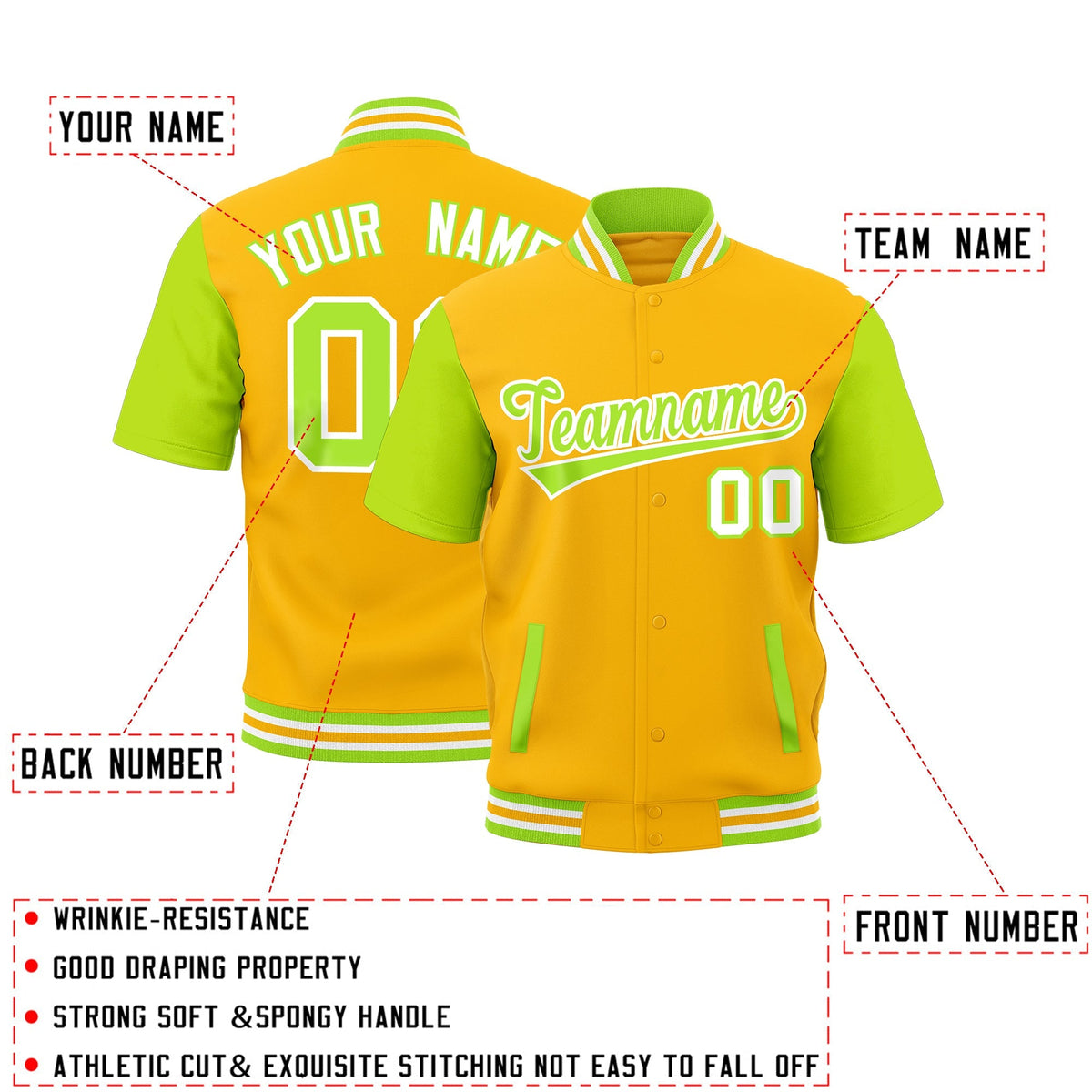 Custom Neon Green White Gold Full-Snap Classic Style Jacket| KXKSHOP