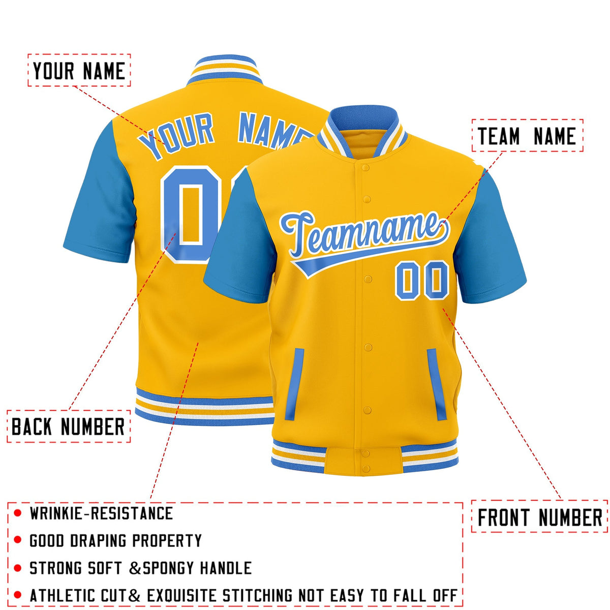 Custom Powder Blue White Gold Full-Snap Classic Style Jacket| KXKSHOP
