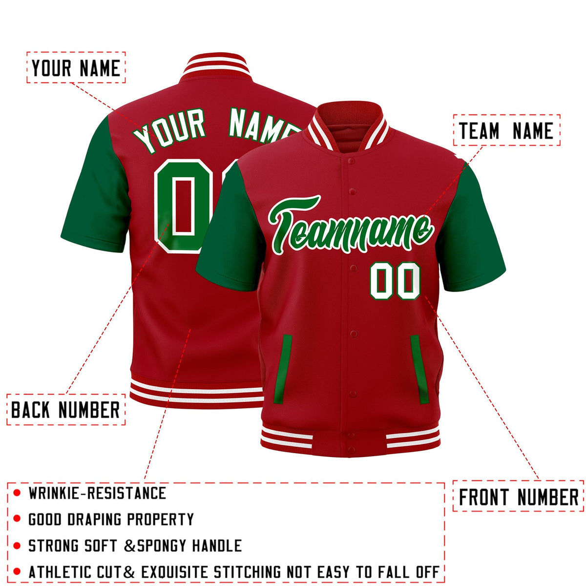 Custom Kelly Green Red Full-Snap Classic Style Jacket| KXKSHOP