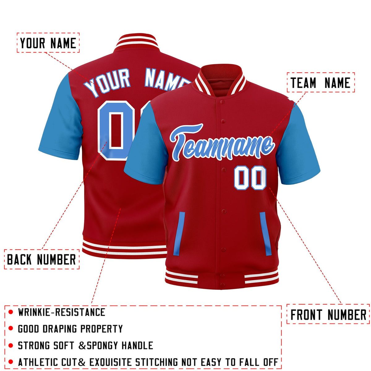 Custom Powder Blue Red Full-Snap Classic Style Jacket| KXKSHOP