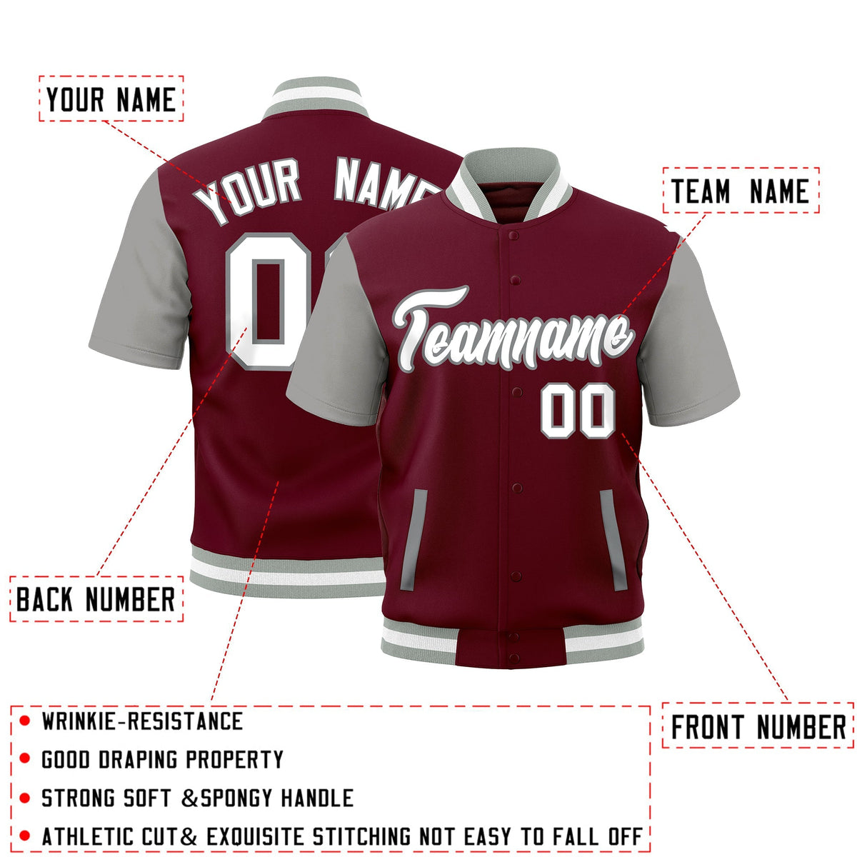 Custom Crimson Gray White Full-Snap Classic Style Jacket| KXKSHOP