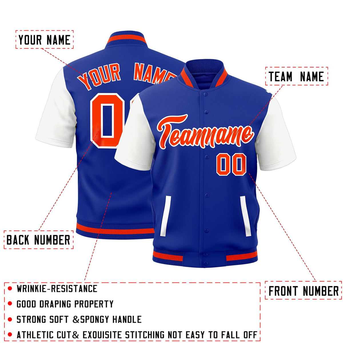 Custom White Royal Blue Orange Full-Snap Classic Style Jacket| KXKSHOP