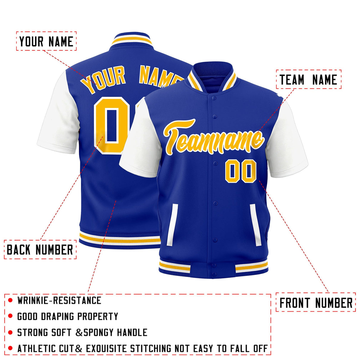 Custom White Royal Blue Gold Full-Snap Classic Style Jacket| KXKSHOP