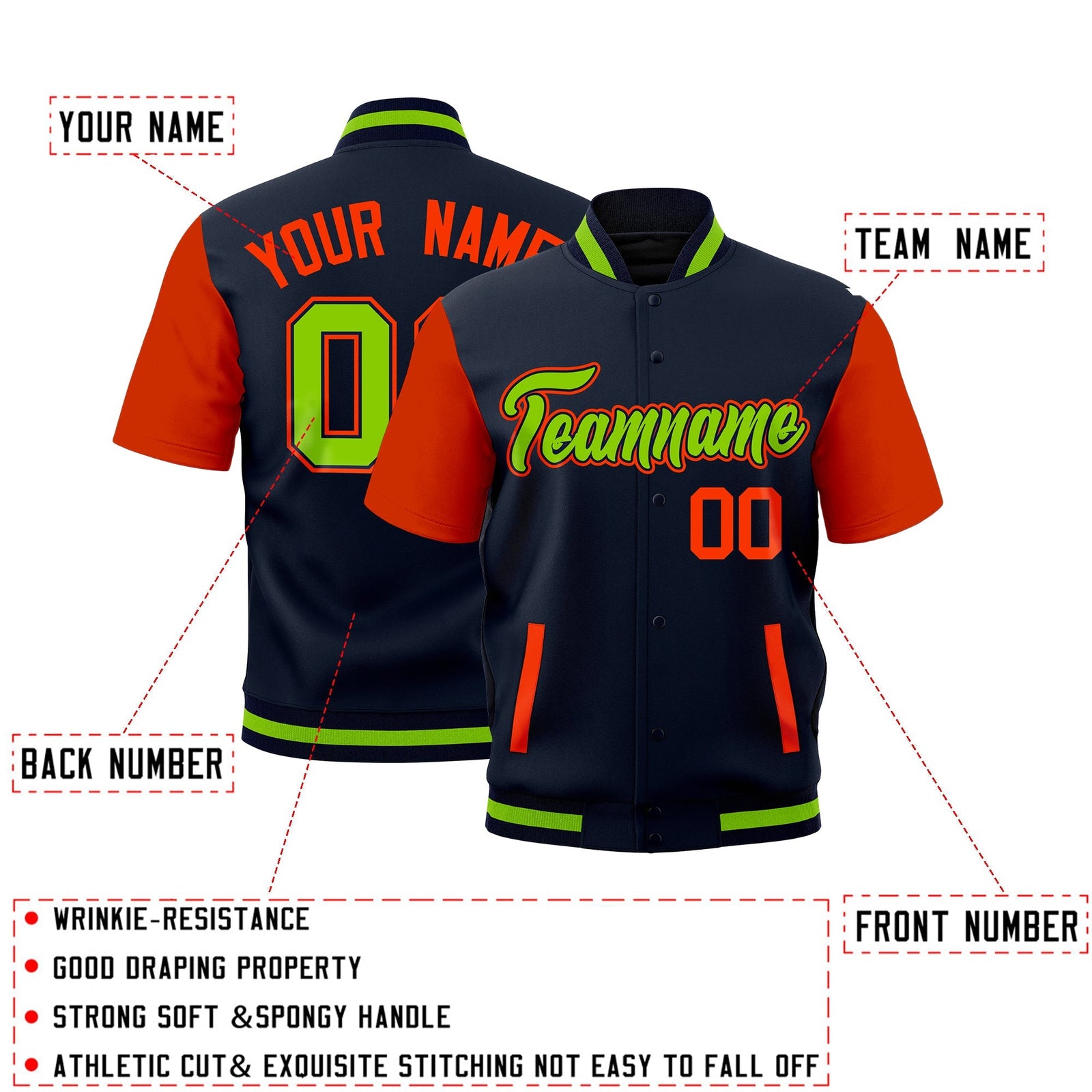 Custom Orange Navy Neon Green Full-Snap Classic Style Jacket| KXKSHOP