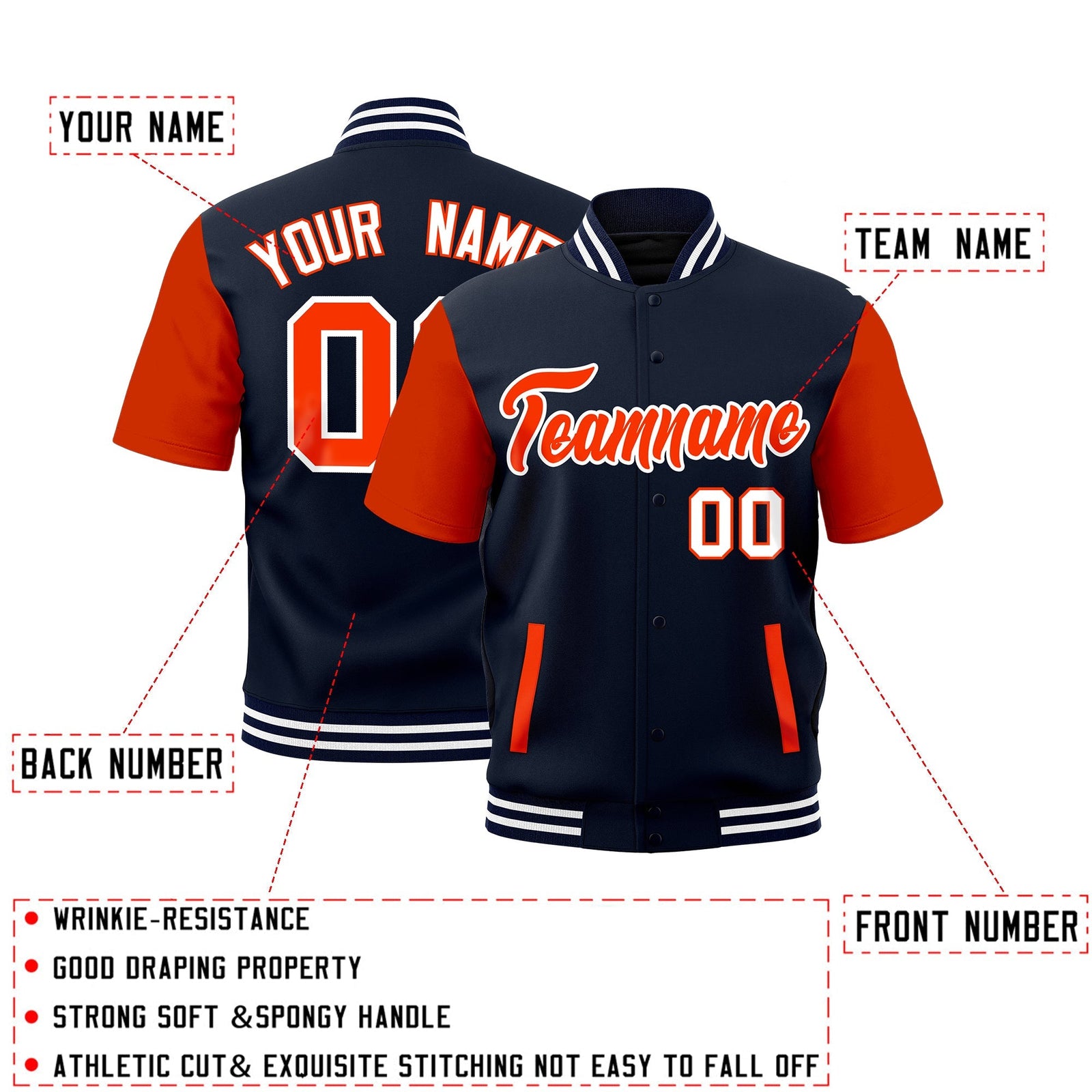 Custom Orange Navy White Full-Snap Classic Style Jacket| KXKSHOP