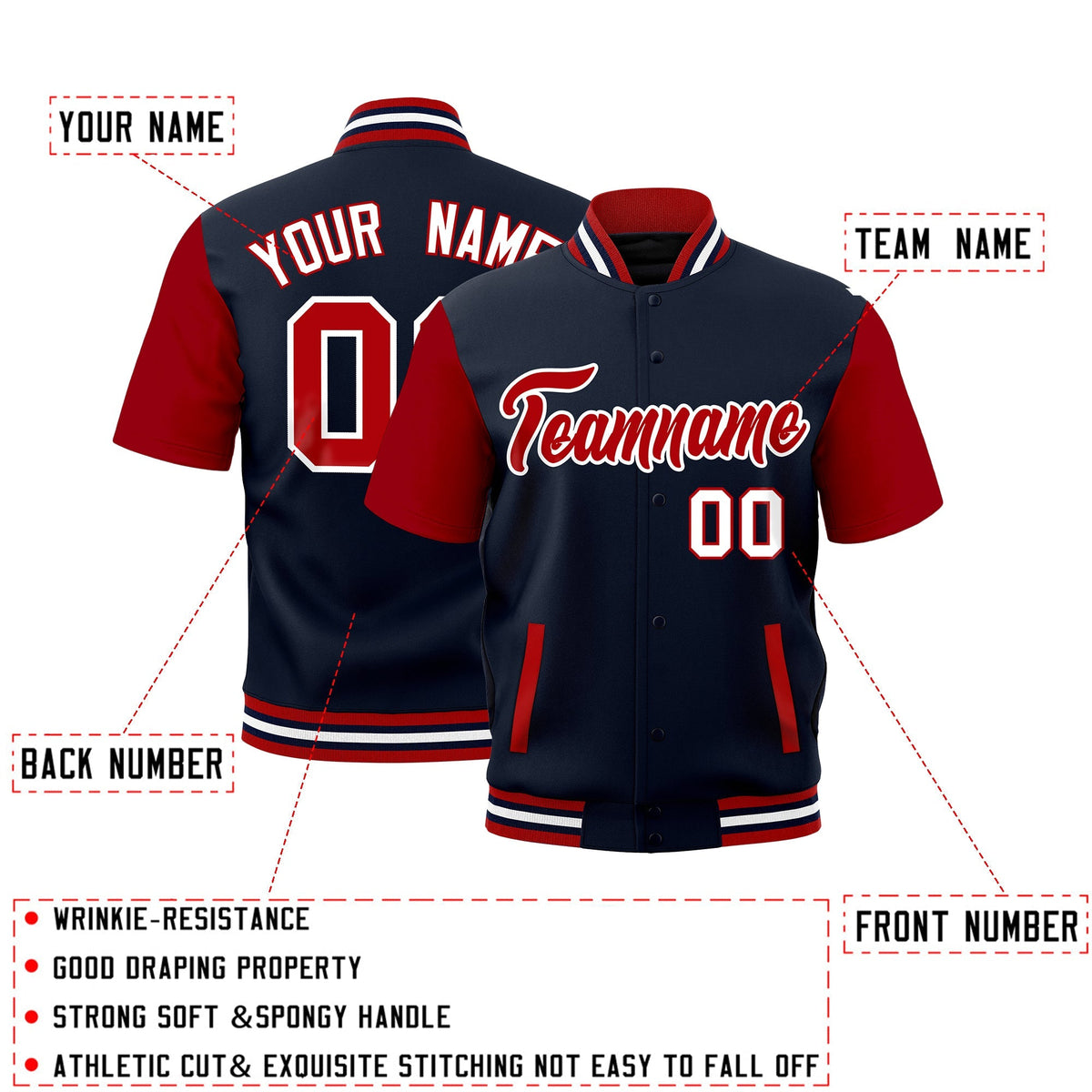 Custom Red Navy White Full-Snap Classic Style Jacket| KXKSHOP