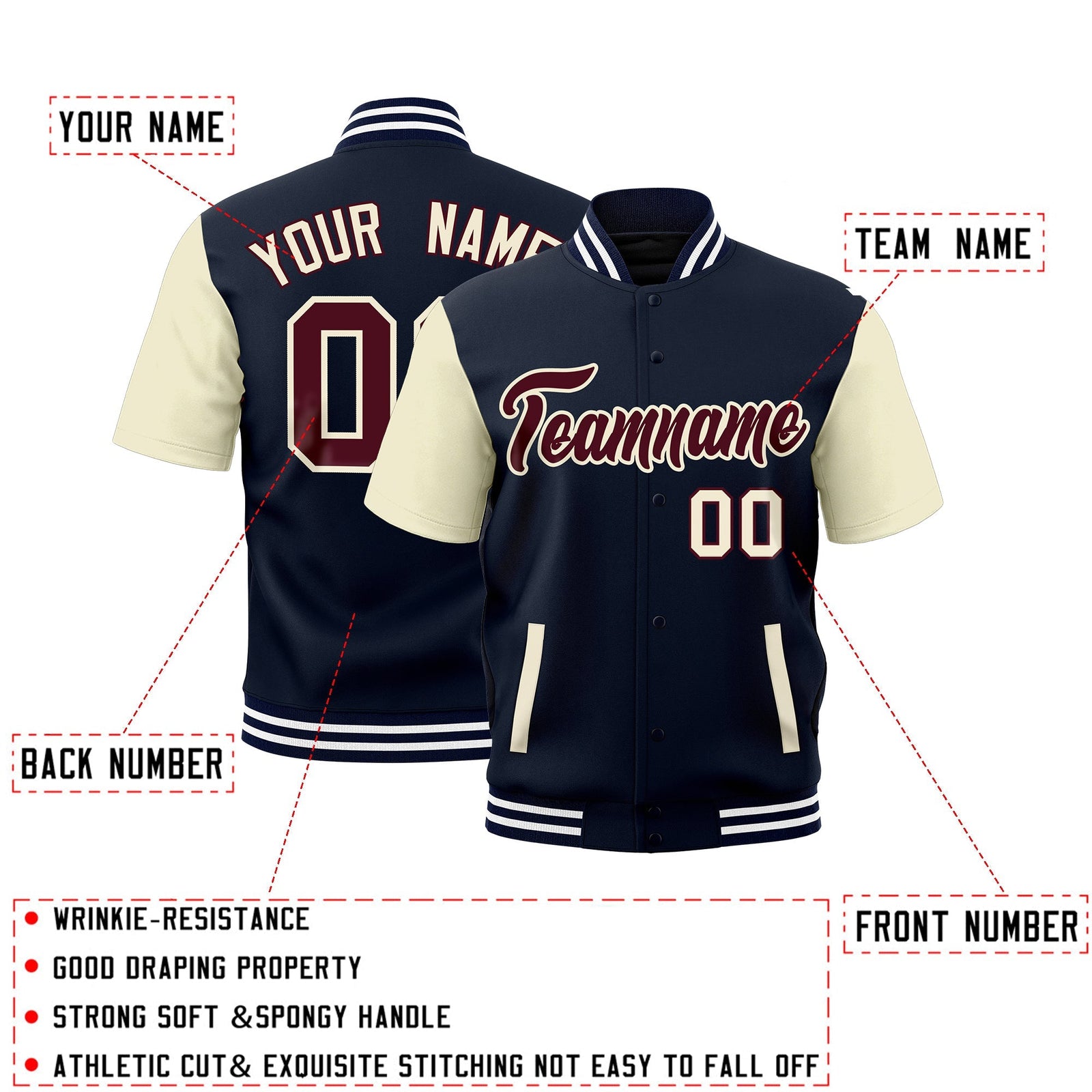 Custom Cream Navy White Full-Snap Classic Style Jacket| KXKSHOP