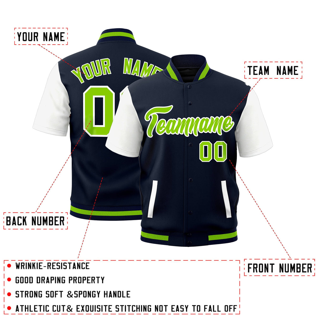 Custom White Navy Neon Green Full-Snap Classic Style Jacket| KXKSHOP