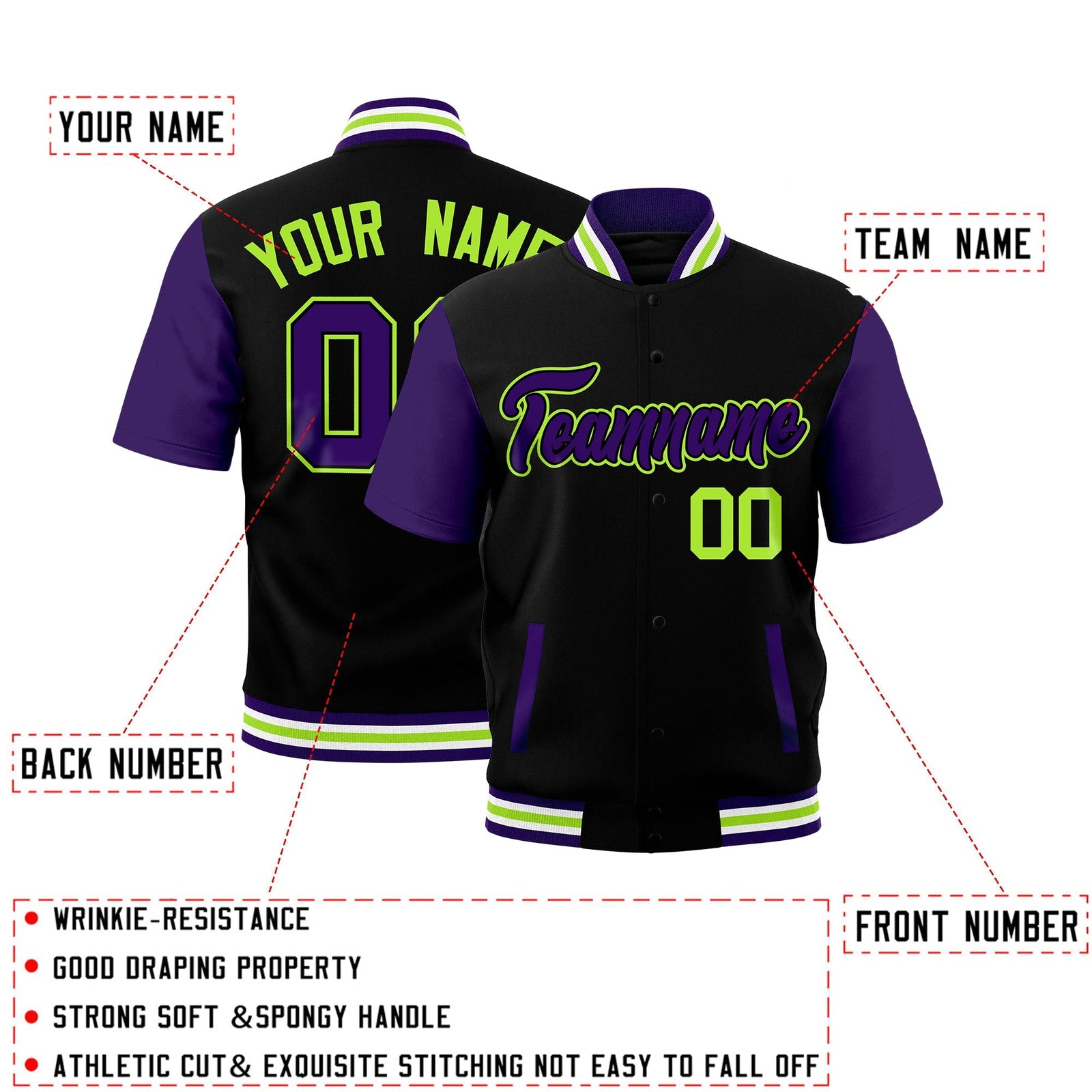 Custom Purple White Neon Green Full-Snap Classic Style Jacket| KXKSHOP