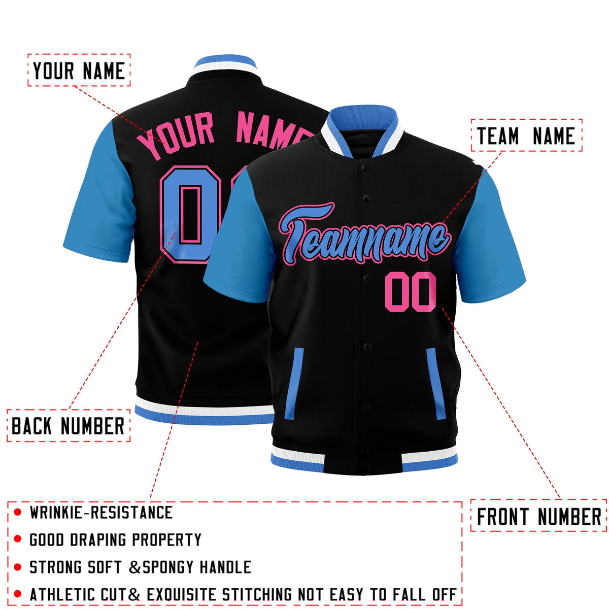 Custom Powder Blue Black White Full-Snap Classic Style Jacket| KXKSHOP