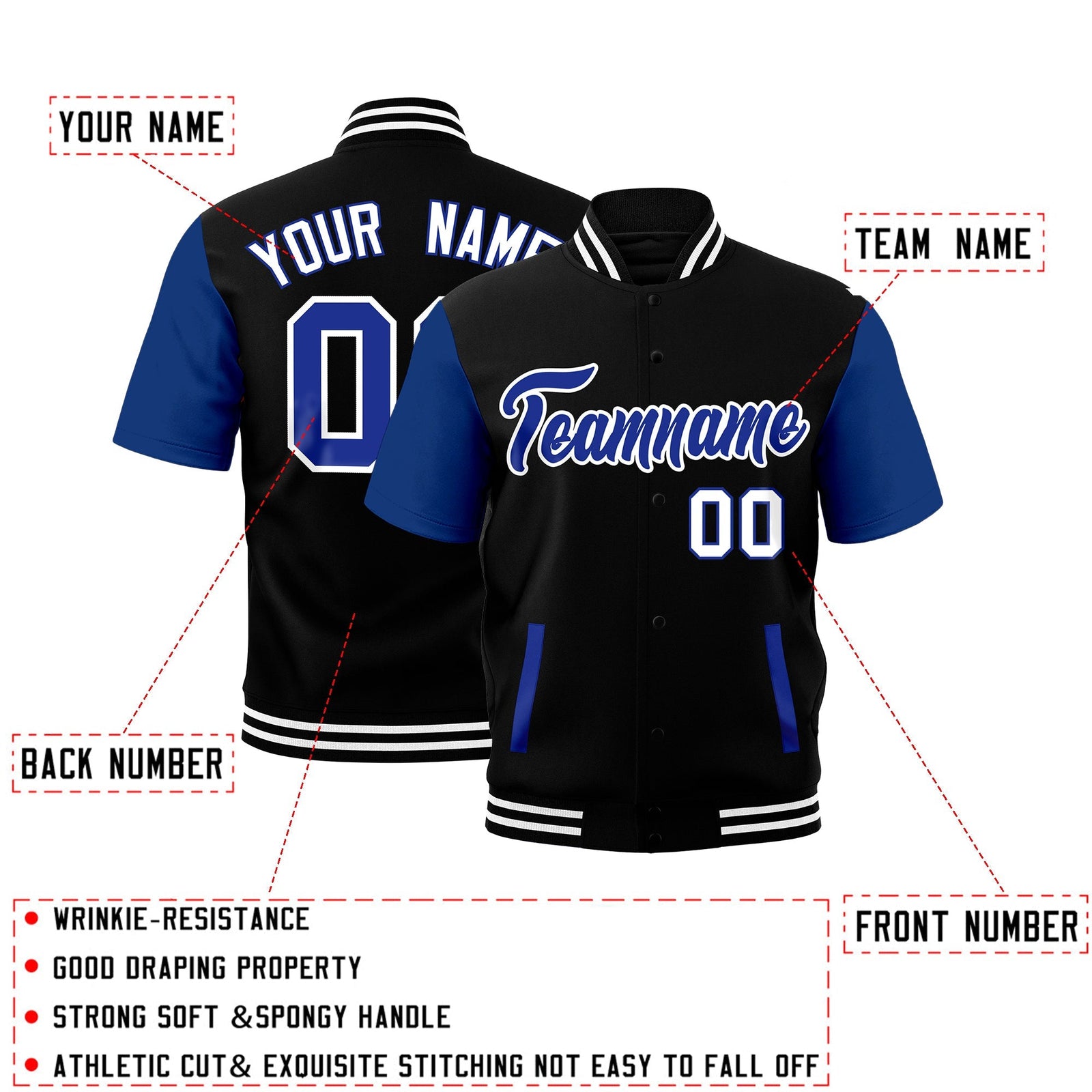 Custom Royal Blue Black White Full-Snap Classic Style Jacket| KXKSHOP