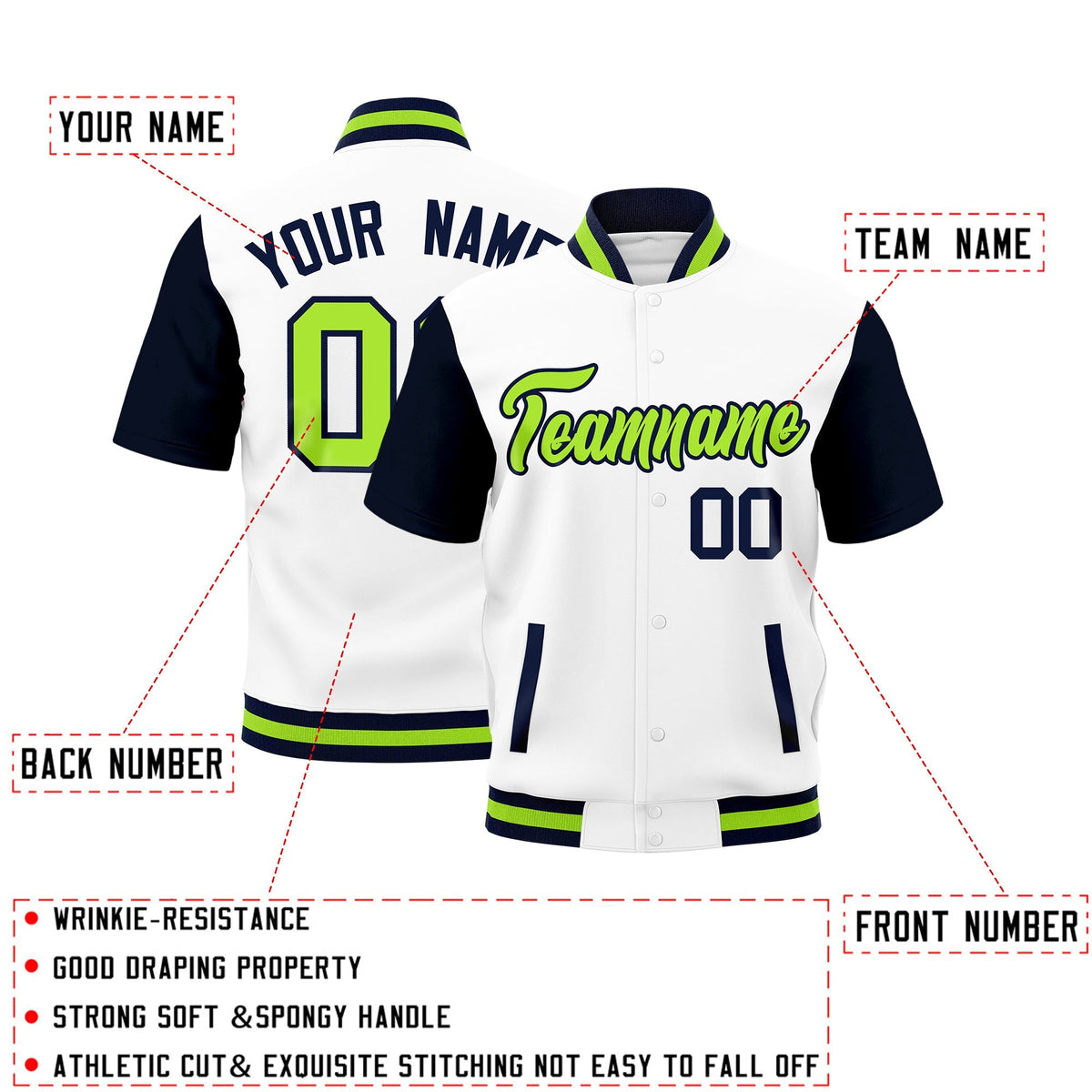 Custom Navy Neon Green Full-Snap Classic Style Jacket| KXKSHOP