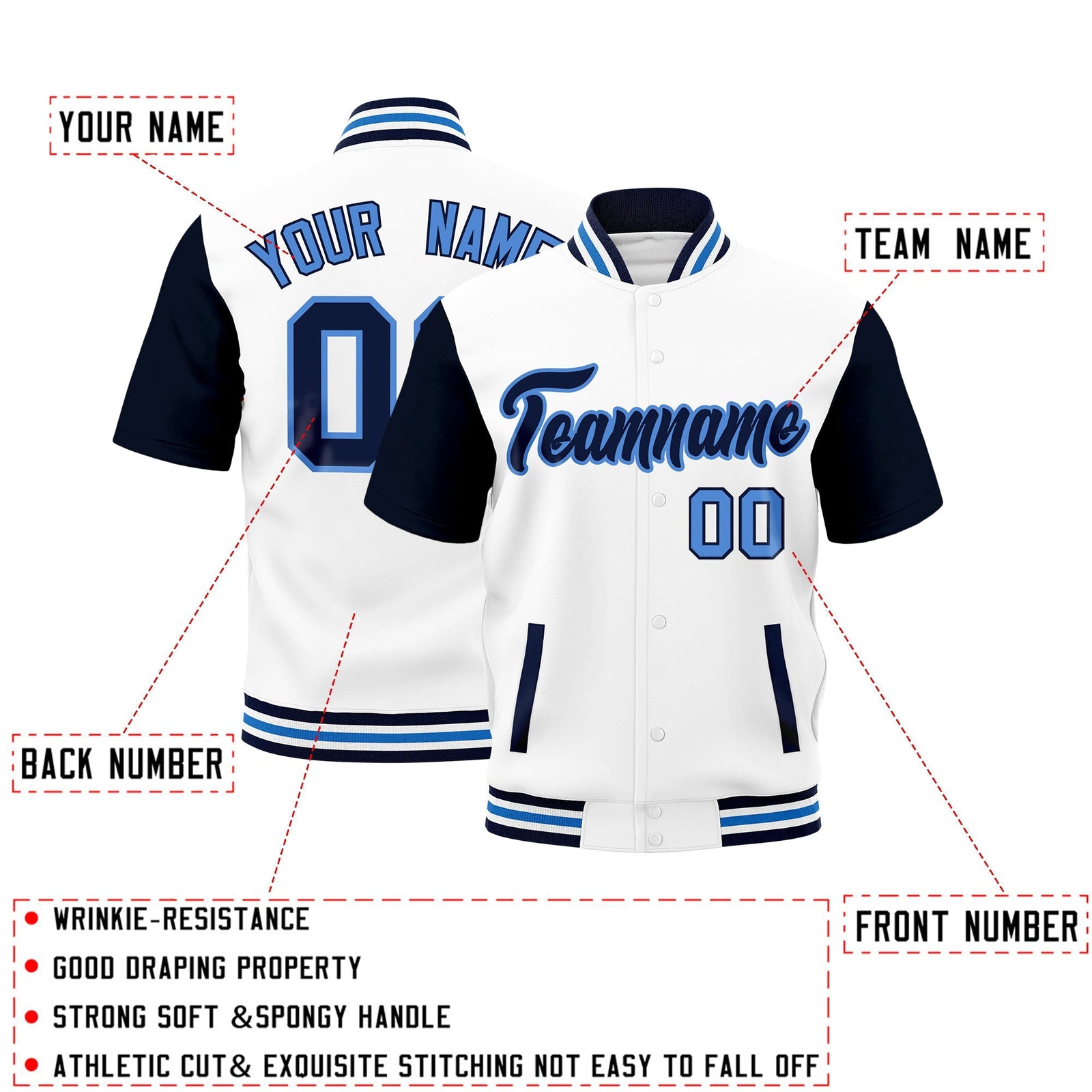 Custom Navy White Powder Blue Full-Snap Classic Style Jacket| KXKSHOP