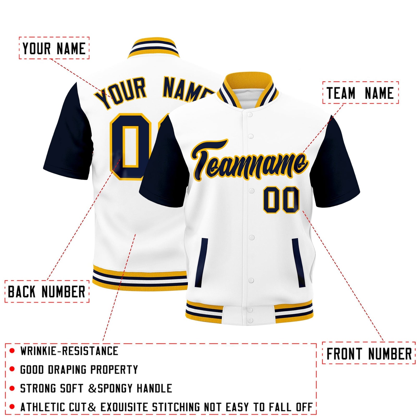 Custom Gold Navy White Full-Snap Classic Style Jacket| KXKSHOP