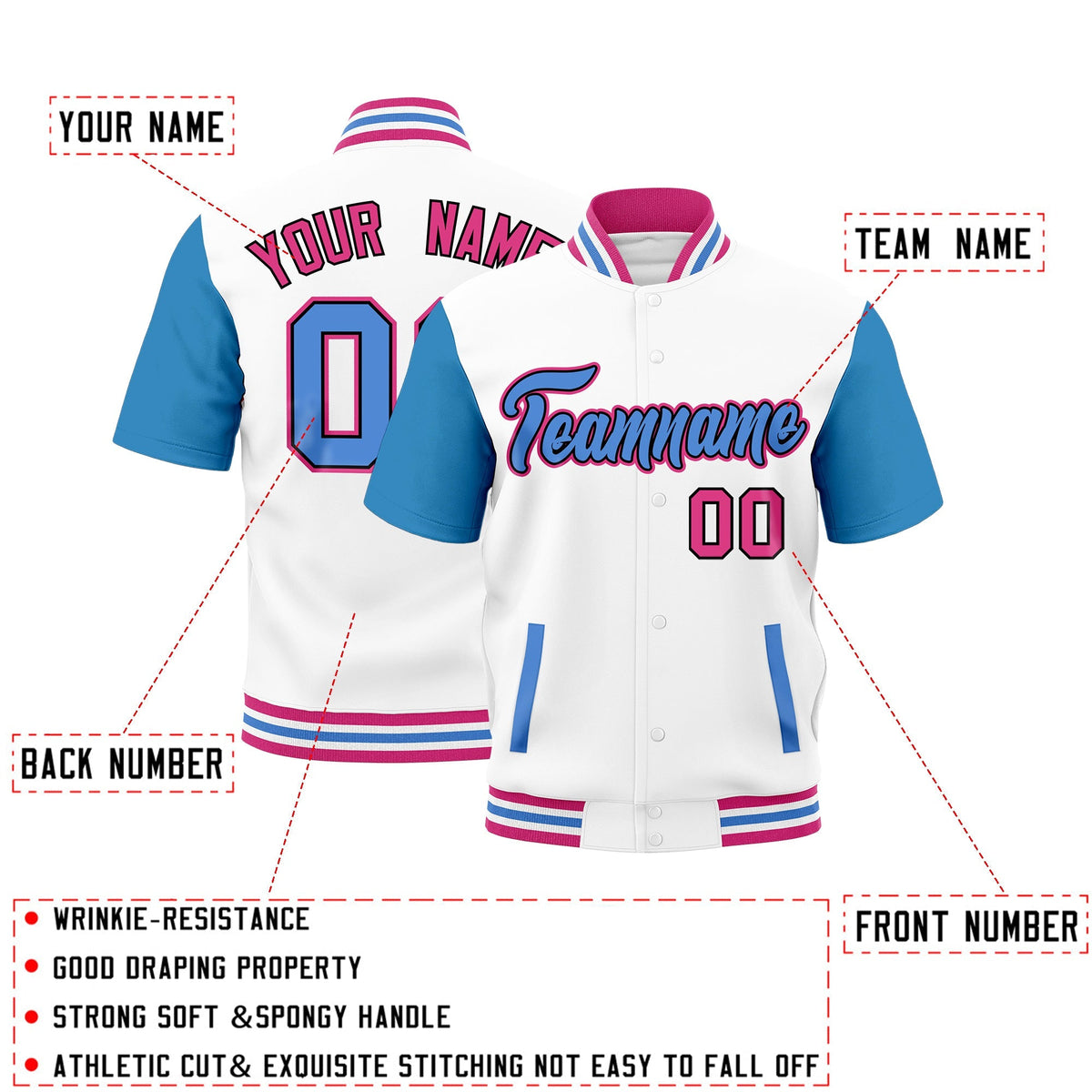 Custom Powder Blue Pink White Full-Snap Classic Style Jacket| KXKSHOP