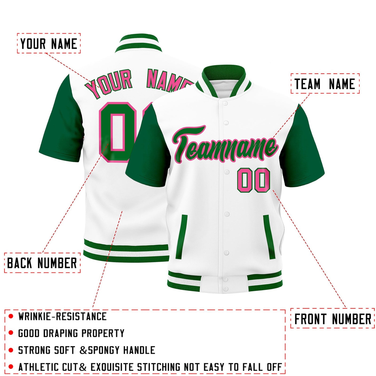 Custom Kelly Green White Full-Snap Classic Style Jacket| KXKSHOP