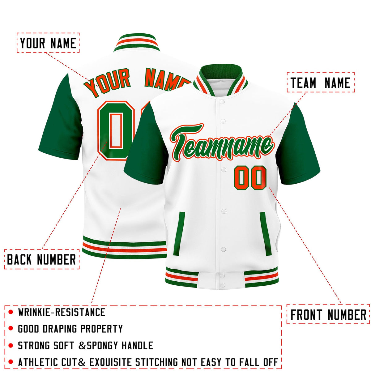Custom Kelly Green White Orange Full-Snap Classic Style Jacket| KXKSHOP