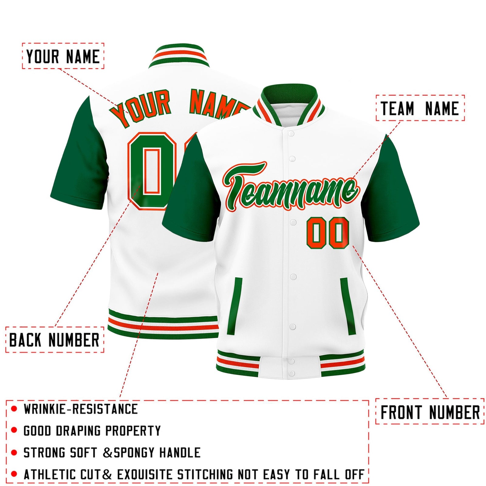 Custom Kelly Green White Orange Full-Snap Classic Style Jacket| KXKSHOP