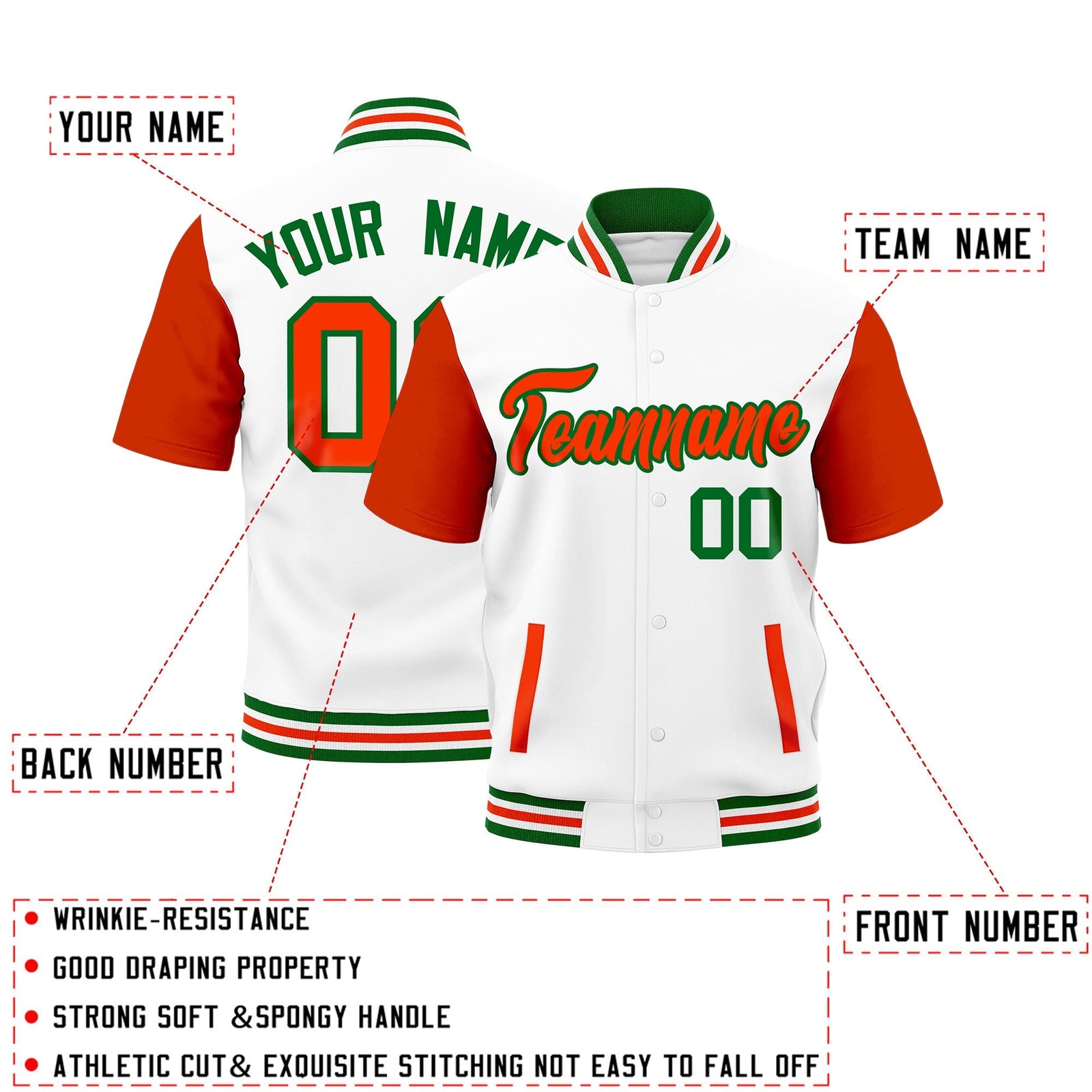 Custom Orange Kelly Green White Full-Snap Classic Style Jacket| KXKSHOP