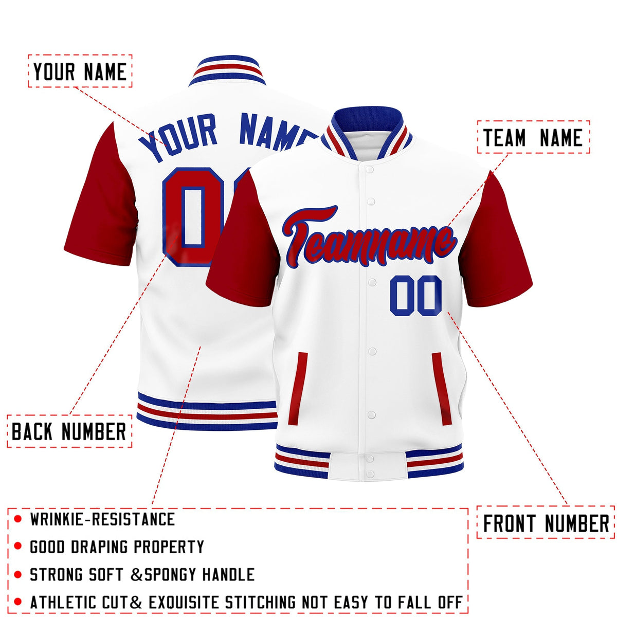 Custom Red Royal Blue White Full-Snap Classic Style Jacket| KXKSHOP