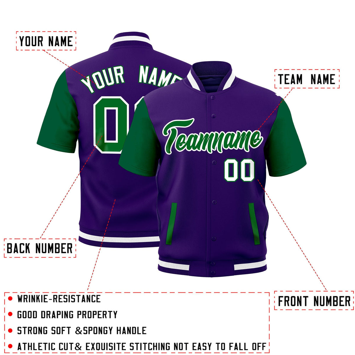 Custom Kelly Green Purple White Full-Snap Classic Style Jacket| KXKSHOP