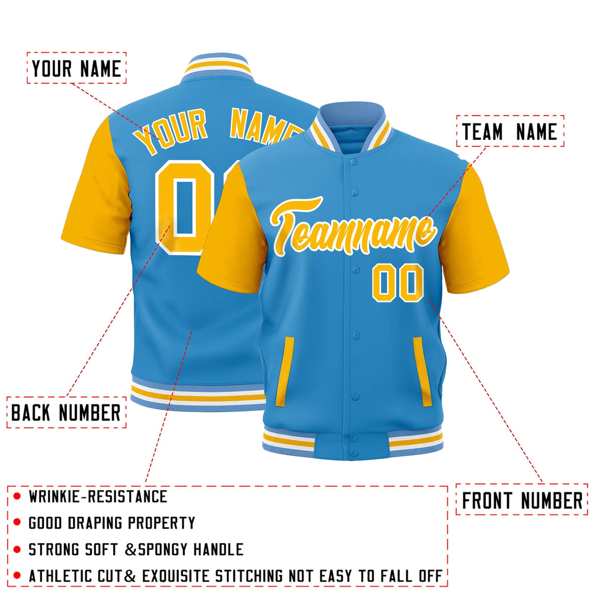 Custom Gold Powder Blue White Full-Snap Classic Style Jacket| KXKSHOP