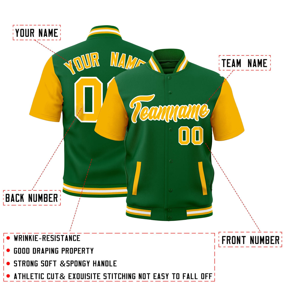 Custom Gold Kelly Green White Full-Snap Classic Style Jacket| KXKSHOP
