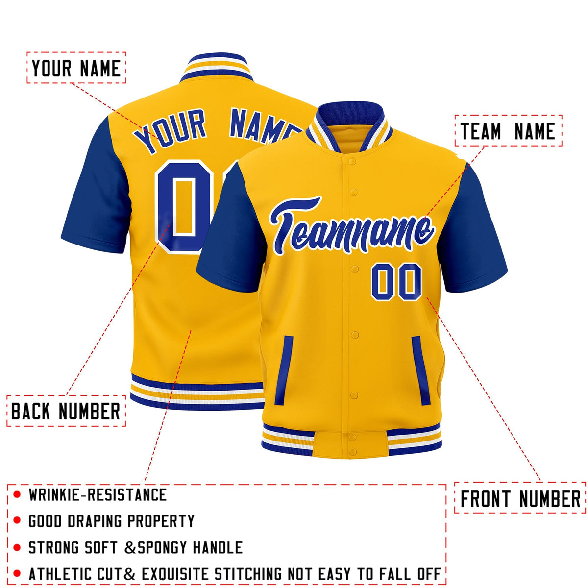 Custom Royal Blue White Gold Full-Snap Classic Style Jacket| KXKSHOP