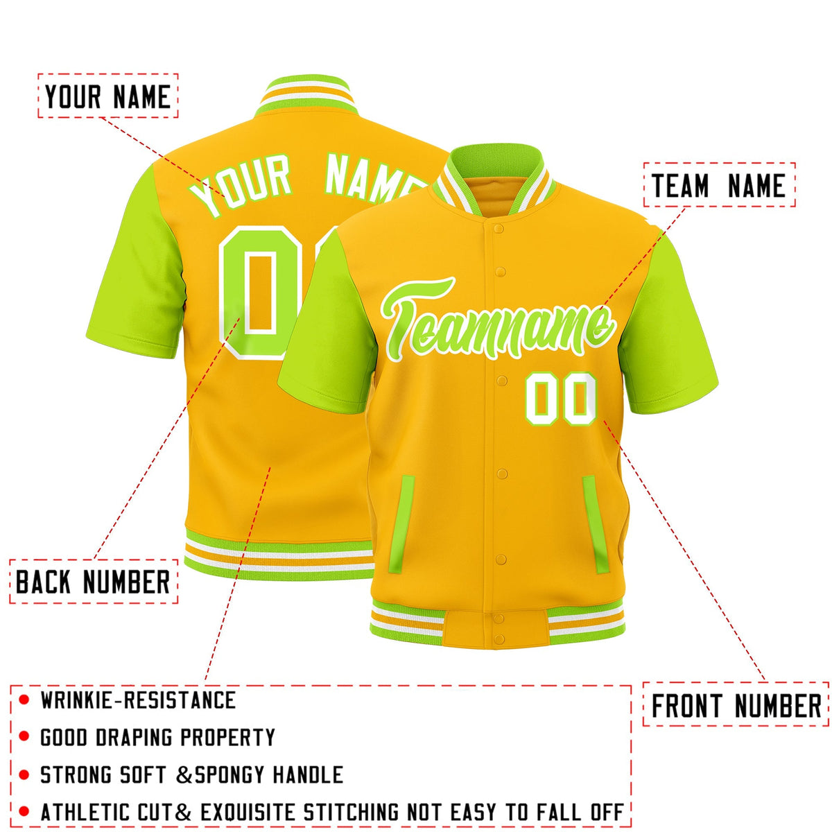 Custom Neon Green White Gold Full-Snap Classic Style Jacket| KXKSHOP