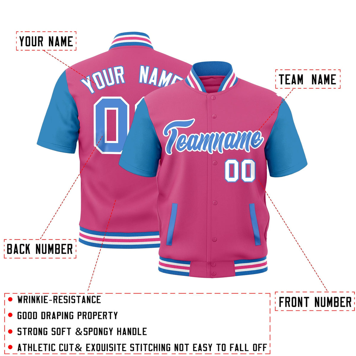 Custom Powder Blue White Pink Full-Snap Classic Style Jacket| KXKSHOP