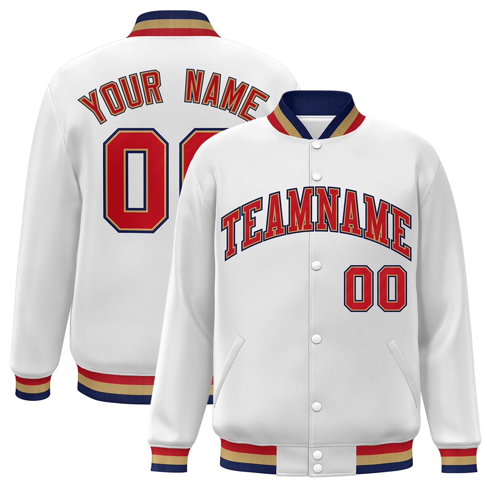 Custom White Red-Old Gold Classic Style Varsity Full-Snap Letterman Jacket