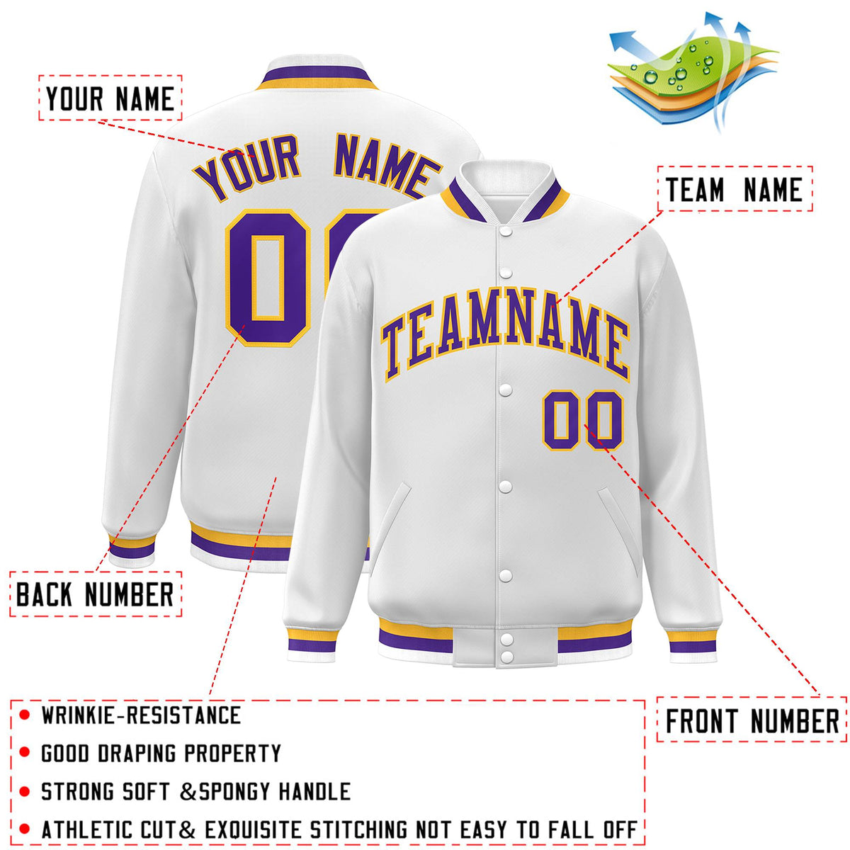 Custom White Purple-Gold Classic Style Varsity Full-Snap Letterman Jacket