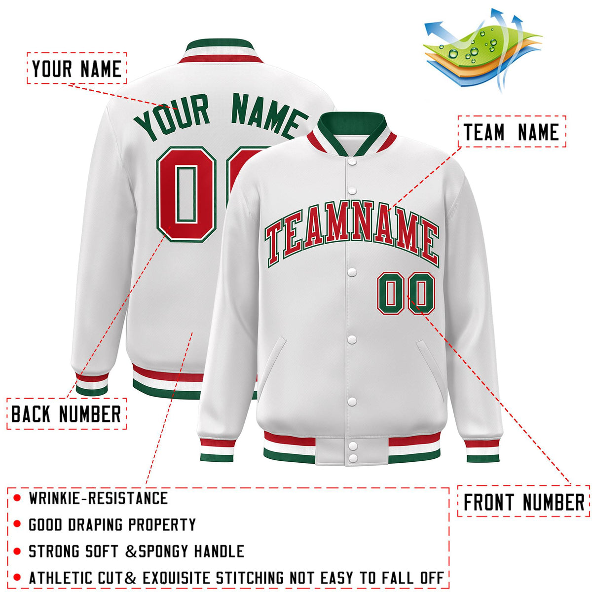 Custom White Red-White Classic Style Varsity Full-Snap Letterman Jacket